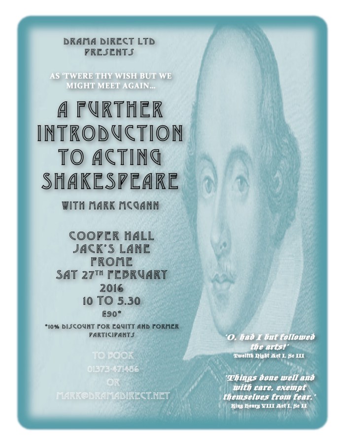 POSTER FOR A FURTHER INTRO TO ACTING SHAKESPEARE SAT JAN 9th 2016